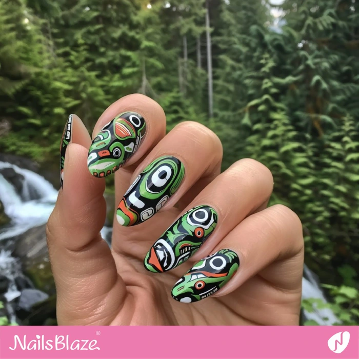 Green Totem-inspired Haida Nails | Tribal Nails - NB4584